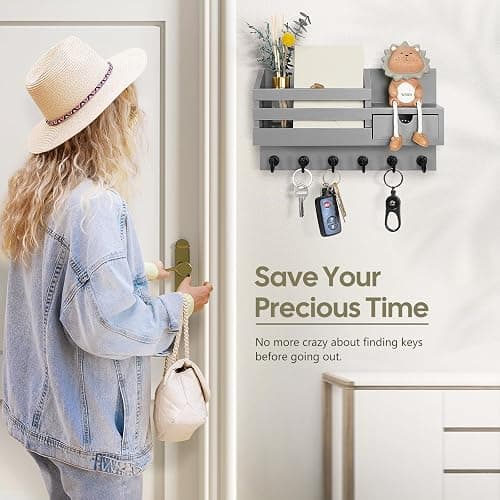 FifthQuarter Key and Mail Holder for Wall, Mail Organizer Wall Mount with 6 Hooks and Storage Drawer, Easy Installation Key Rack for Entryway and Home Decor (A-Grey) thumbnail 6