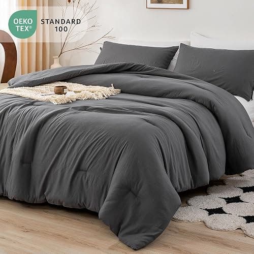BOHOPOPM Ultra-Soft Cozy Polycotton Bedding Comforter Queen Set - Comfy Fluffy Down Alternative Comforter Queen Size with 2 Pillow Case - Lightweight but Warm Bed Blanket All Season - Dark Gray thumbnail 9