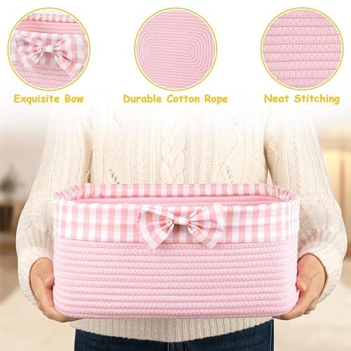 OIASKET Basket for Gifts Empty, Large Gift Basket 13L with Gift Bag and Ribbon, Woven Cotton Basket for Baby Showers, Birthday, Wedding, Mother's Day, 13.58"x10"x5.9", Pink thumbnail 6