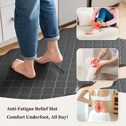 Arenarug Upgrade Scalloped Embossed Kitchen Mats for Floor 2PCS Cushioned Anti Fatigue Waterproof Foam Kitchen Rugs Non Slip Washable Comfort Standing Mat for Office Sink Laundry, Black thumbnail 3