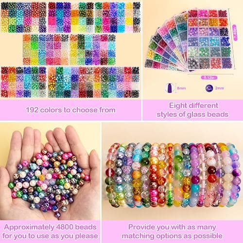 XSEINO 192 Colors 4800pcs 8mm Dream Candy Colorful Series Glass Beads Bracelet Making Kit,8 Box Different Unique Styles Crystal Bead for Making and DIY Crafts thumbnail 4