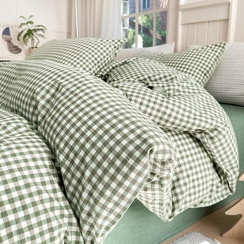 LifeTB Green Gingham Comforter Set Full Size Boho Plaid Checkered Pattern Comforter Geometric Grid Plaid Printed Bedding Comforter Set with 2 Pillowcases Fluffy Soft Gingham Bedding Set Full Size - Image 1