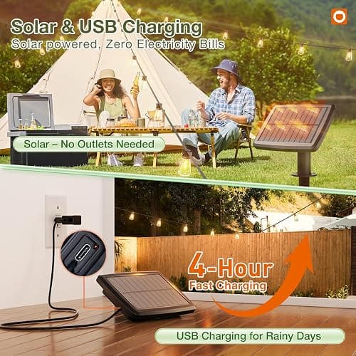 addlon 54(48+6) FT Solar String Lights Waterproof,Patio Lights Solar Powered with Remote & USB Port 15+1 LED Shatterproof Bulbs 3 Light Modes, Dimmable Solar Light for Camping Backyard Garden thumbnail 4
