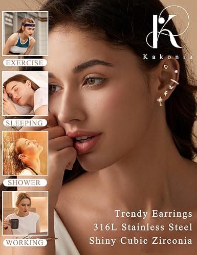 Kakonia Hypoallergenic Flat Back Earrings for Women Men Surgical Steel Earring for Sensitive Ears, 14K Gold Plated Stainless Steel Flatback Stud Hoop Cartilage Earring Stacks for Multiple Piercing thumbnail 5