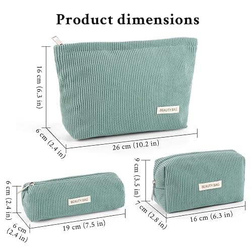 Makeup Bag Set，3 Pcs Initial Makeup Bag, Corduroy Cosmetic Bag with Zipper Closure，Cute Make Up Bag Purses Pouch Travel Toiletry Bag for Women Girls Friend Personalized Gifts (Green) thumbnail 2