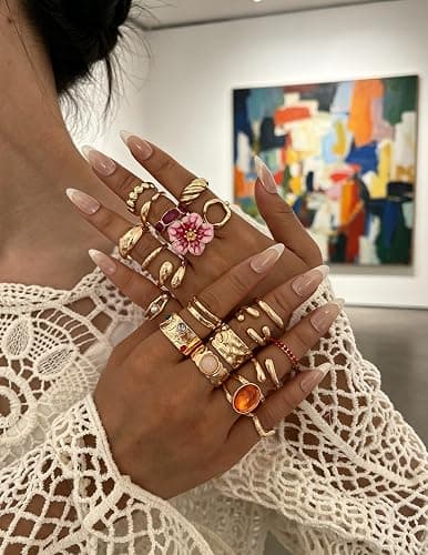 20Pcs Gold Ring Set for Women Chunky Boho Stack Flower Statement Rings Pack | Statement Midi Stackable Rings Set, Chunky Boho Flower Rings, Adjustable Suitable All Occasions, Great Gift for Women thumbnail 3