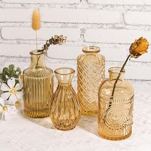 Gold Amber Glass Bud Vases Set of 12, Small Vases for Flowers | Mini Vintage Vases, Bud Vase in Bulk, For Wedding Decor, Single Flowers, Office and Home Table Flower Décor thumbnail 8