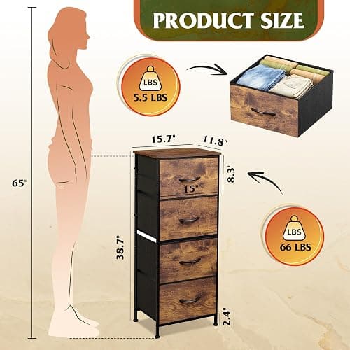 WLIVE Dresser with 4 Drawers, Fabric Storage Tower, Organizer Unit for Bedroom, Hallway, Entryway, Closets, Sturdy Steel Frame, Wood Top, Easy Pull Handle, Rustic Brown Wood Grain Print thumbnail 3