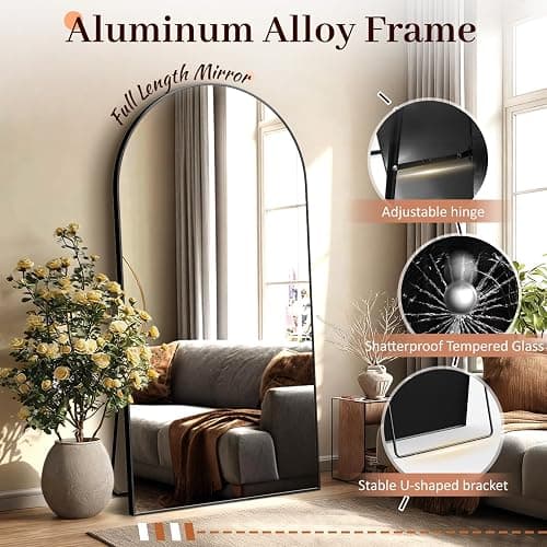 EOGOW 71" x 24" Arched Full Body Mirror,Standing or Leaning Tempered Glass Shatterproof Full Length Mirror with Stand for Bedroom Living Room Entryway,Black thumbnail 3