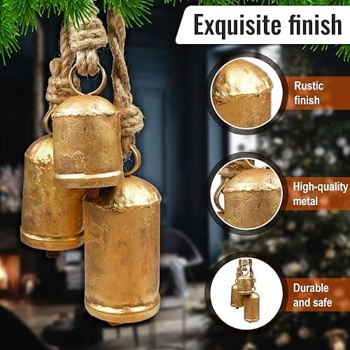 Set of 3 Giant Harmony Rustic Gold Christmas Bells for Decoration - Perfect for Cow Bell, Door Hanging, Staircase, Wall (Large) thumbnail 5