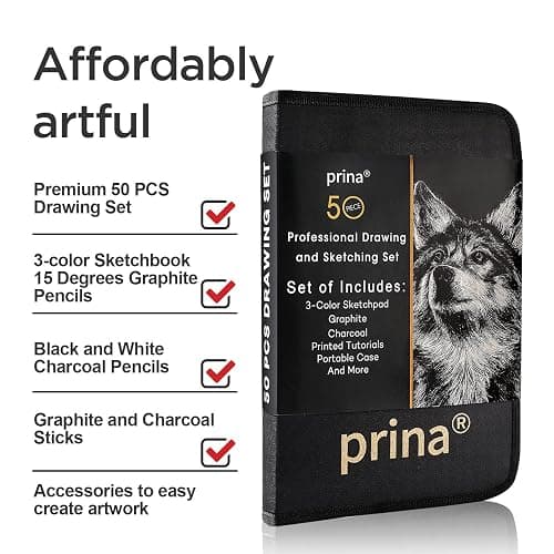 Prina 50 Pack Drawing Set Sketch Kit, Sketching Supplies with 3-Color Sketchbook, Graphite, and Charcoal Pencils, Pro Art Drawing Kit for Artists Adults Teens Beginner Kid, Ideal for Shading, Blending thumbnail 4