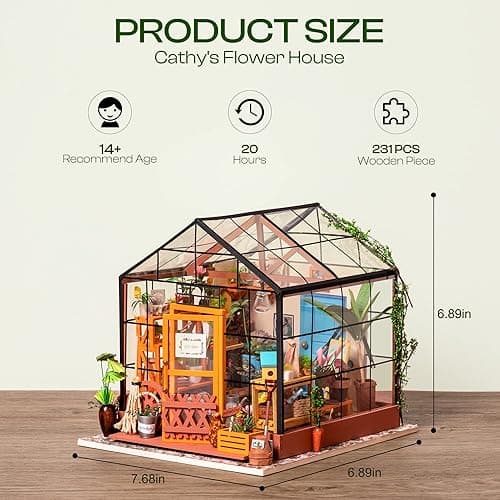 ROBOTIME DIY Miniature House Kit Mini Green House Tiny Dollhouse Wooden Furniture Kit with LED Halloween/Christmas/Birthday Gifts for Adults (Cathy's Greenhouse) thumbnail 3