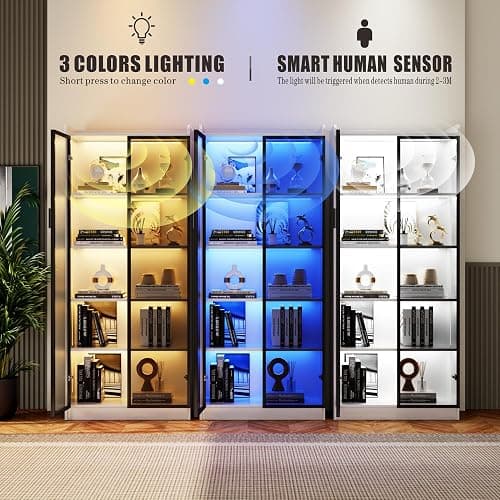 Display Cabinet with Doors and Adjustable Shelves, 65" Tall Bookcase with LED Lights/Human Sensor, 5 Tier Display Case for Collectibles Bedroom Living Room Office, White thumbnail 3