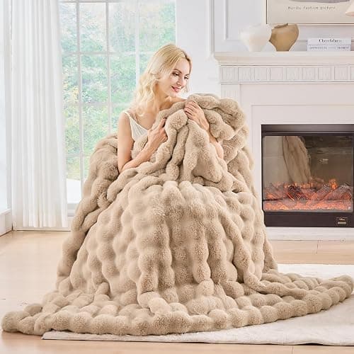 BENVWE Faux Fur Throw Blanket for Couch Bed - Fluffy Soft Thick Bubble Blanket for Living Room Home Decor - Mothers Day Birthday Gifts for Women, Beige, 63" x 80" thumbnail 8