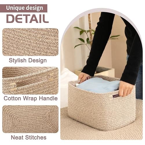 OIAHOMY 4 Pack Storage Baskets for Organizing, Rectangle Cube Storage Bins for Shelves, Woven Baskets With Handles, 12.7''Lx9''Wx7.8''H, Brown, thumbnail 4