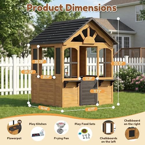 Aoxun Kids Outdoor Playhouse Wood Play House for Kids Ages 3-8 withPet Door | Backyard Cottage Playhouse with Play Kitchen,Snack Bar,Blackboards,Flowerpots,Children Toddler Playground Playset for Garden thumbnail 3