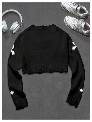 Floerns Girl's Gothic Cross Long Sleeve Sweater V Neck Fall Outfit Ripped Y2k Pullover Tops thumbnail 2