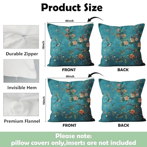 WDSFHYJK Teal Chinoiserie Floral Bird Pillow Covers 18x18 Set of 2, Cottagecore Room Decor, Rustic Farmhouse Flower Bird Decorative Throw Pillow Covers Pillowcases for Living Room Home Bedroom thumbnail 3