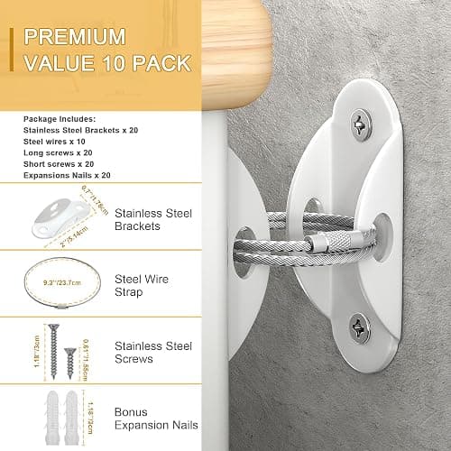 Booda Brand Furniture Anchors (10 Pack) for Baby Proofing, Furniture Straps Anti Tip Furniture Anchor Securing 400 lbs/Keep Baby Pet Safety from Falling Furniture, Metal White Earthquake Straps thumbnail 3