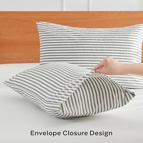 JELLYMONI 100% Natural Cotton Striped Standard Pillowcases Set, 2 Pack White and Grey Stripes Pattern Printed Pillow Covers with Envelope Closure(Pillows are not Included) thumbnail 2