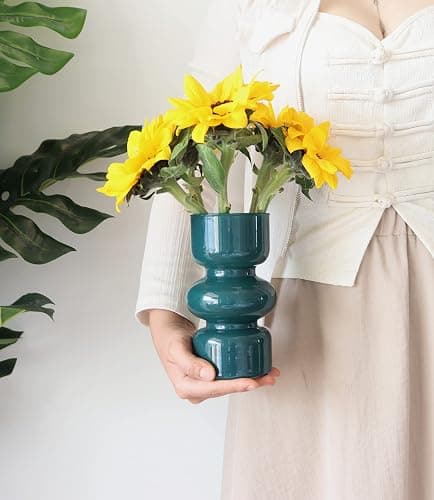 JSPYFITS Glass Hydroponic Flower Vase, 7 Inches Colored Glass Bubble Vase for Flower, Three-Layer Glassvase Funky Vase for Home/Office/Weddings/Party Table Flower Decor (Dark Green) thumbnail 8