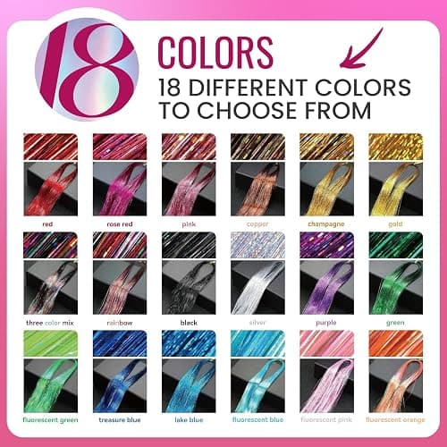 NIACONN Glitter Hair Tinsel Extensions Kit 18 Colors with Tools and Beads, 48 Inch Sparkly Fairy Colorful Tensile Strands Shiny Hair Accessories for Women Girls Kids thumbnail 3