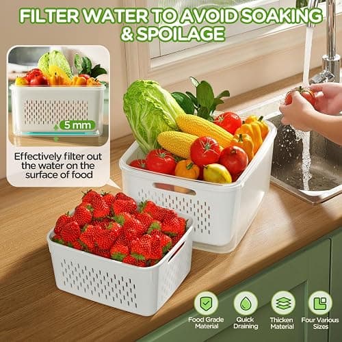 4 PCS Fruit Storage Containers for Fridge, Produce Containers for Fridge with Removable Colander, All-In-One Fruit Washing Bowl with Strainer Microwave/Dishwasher Safe for Salad Berry Lettuce Keeper thumbnail 3