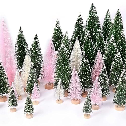 30Pcs Mini Christmas Trees Artificial Christmas Tree Bottle Brush Trees with Wooden Base for Christmas Decor Christmas Party Home Table Craft Decorations(Green+Beige+Pink) - Image 1