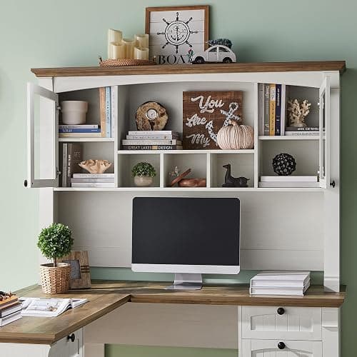 OKD 60" L Shaped Executive Desk with Hutch and Drawers, Farmhouse Home Office Desk with Charging Station, File Cabinet Storage, Wood Corner Computer Desk for Work and Study, Antique White thumbnail 4