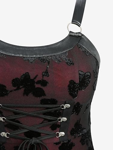 DRESSFO Gothic Punk Victorian Floral Silver Flocking Lace Up Panel Ruffles Midi Vinatge Goth Dress thumbnail 5