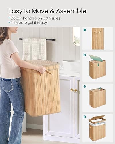 SONGMICS Laundry Hamper with Lid, Bamboo Laundry Basket, Removable Machine Washable Hamper Basket, with Handles, 150 L, for Laundry Room, Bedroom, Washroom, Natural Beige LCB062N01 thumbnail 6