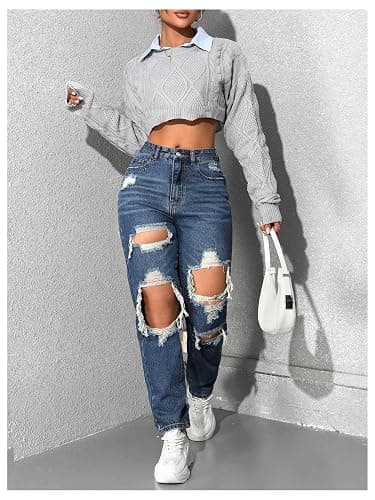Floerns Women's High Waisted Distressed Jeans Straight Leg Casual Ripped Denim Pants thumbnail 5