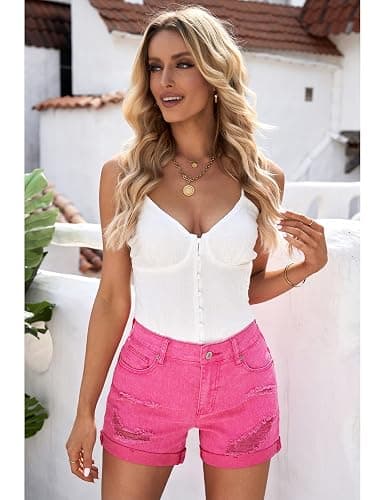 luvamia Women's Ripped High Waisted Denim Shorts Stretchy Cuffed Hem Jean Shorts thumbnail 4