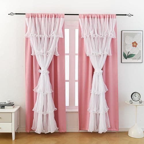 PLEGOS Pink Curtains for Girls Bedroom Blackout Nursery Curtains Double Layer White Ruffle Sheer Overlay for Kids Toddler Room Privacy Room Darkening Window Drapes 52 x 84 Inch - Image 1
