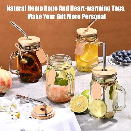 TANGLONG 16 oz Mason Jars with Handle, Mason Jar Cups, Glass Cups with Lids and Straws, Drinking Glasses Set of 12 - 16 oz Mason Jar with Bamboo Lids thumbnail 5