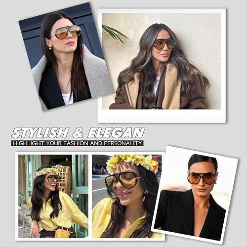 KesaPlan Vintage Oversized Aviator Sunglasses Women with Earring, 70s Retro Shield Big Frame 2025 Luxury Trendy Sun Glasses thumbnail 2