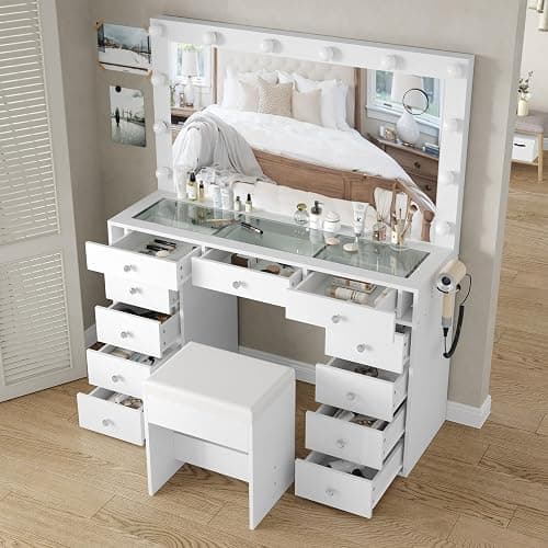 Yanosaku Vanity Desk & Power Outl, Makeup Vanity with Mirror and 12 LED Lights, Makeup Table with 11 Drawers, Vanity Table with Chair,Set 3 Lighting Modes Brightness Adjustable-(White) thumbnail 4