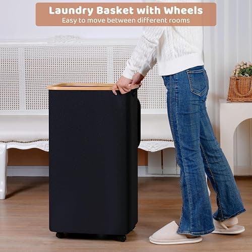 iEGrow 110L Laundry Basket with Wheels,Clothes Hamper for Laundry,Laundry Hamper with Lid and Inner Bag, for Laundry Room, Bedroom, Dormitory Storage,Black thumbnail 4