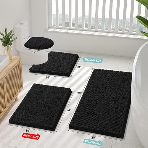 Smiry Luxury Chenille Bathroom Rugs 30x20, Extra Soft and Absorbent Shaggy Bath Mat, Machine Washable, Non-Slip Plush Carpet Runner for Tub, Shower, and Floor, Home Decor Accessories, Black thumbnail 2