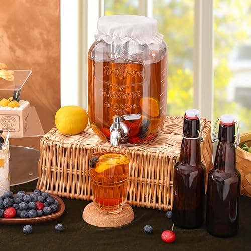 1 Gallon Kombucha Starter Kit, Glass Kombucha Jar with Spigot and Stainless Steel Mesh Filter Fermentation Kit for Home Brewed Kombucha Bottles, Includes Test Strips, Measuring Cups, Cloth Top thumbnail 2