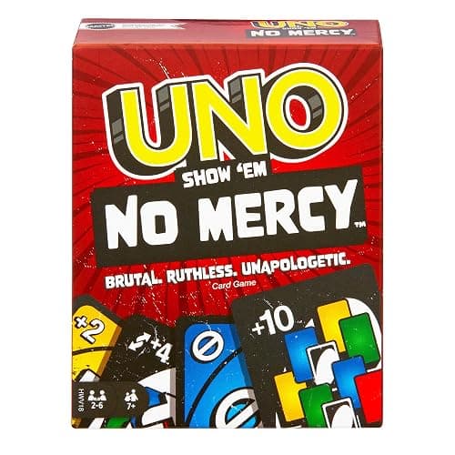 Mattel Games - UNO No Mercy, la Versione di Uno più brutale di Sempre, con 56 Nuove Carte, Regole Speciali e Carte Azione spietate, Come Pesca 6 e Pesca 10, 7+ Anni, HWV18 - Image 1