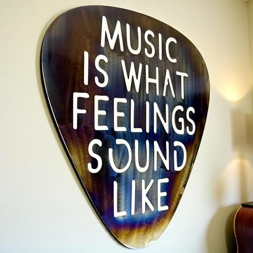 Top Brass Jumbo 16" Metal Guitar Pick Wall Art – “Music Is What Feelings Sound Like” Quote – Steel Wall Décor – Music Room, Studio, or Man Cave Art (Flame Torched) thumbnail 7