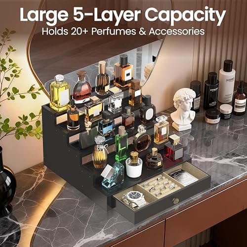 MODOWEY Perfume Organizer Cologne Holder Stand for Men, Wooden Wide-Spaced Shelf with Drawer, 5 Tier Large Capacity Storage Rack for Dresser Countertop, for a Neat, Accessible Fragrance Display, Black thumbnail 4