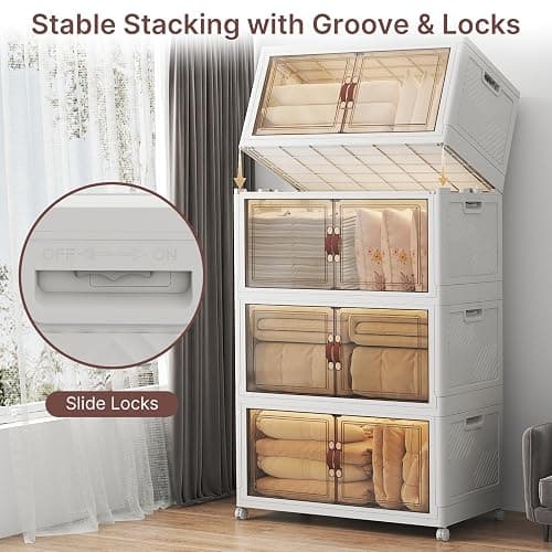 UAMFURI Extra Large Stackable Storage Bins with Lids & Wheels & Door, 660QT-165QT/41GAL*4Pack Foldable Collapsible Closet Organizers, Plastic Containers Drawers for Bedroom Dorm Garage thumbnail 5
