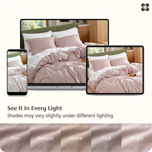 Bedsure PureWoven 100% Washed Cotton Duvet Cover Set, Queen Size, 3-PC | Linen Like Texture, Percale Breathable Bedding Set for All Seasons, Zipper Closure, 8 Corner Ties, Petal Pink, 90" X 90" thumbnail 6