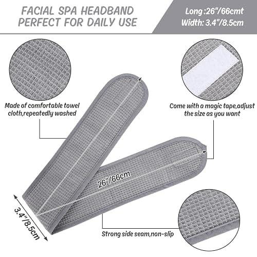 Whaline 3Pcs Spa Facial Headband White Black Grey Head Wrap Terry Cloth Waffle Adjustable Makeup Headband for Bath Sports Washing Face Shower thumbnail 2