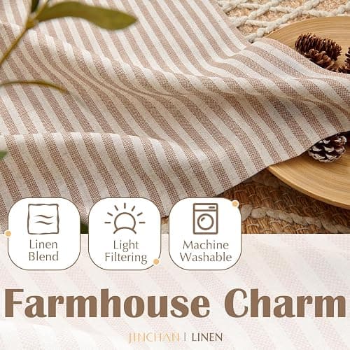 jinchan Striped Linen Kitchen Curtains 24 Inches Length Tier Curtains Farmhouse Modern Cafe Style Small Window Treatments Airy Light Filtering Rod Pocket for Living Room Bathroom 2 Panels Tan thumbnail 8