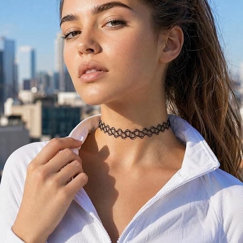 guleon15Pcs Tattoo Choker Set, Stretchy 90s Choker Necklace for Women,Black | 0.47in width, plastic, 5 sets of necklace bracelet ring, simple tattoo pattern, for 90s, retro, y2k styling, daily, party thumbnail 3