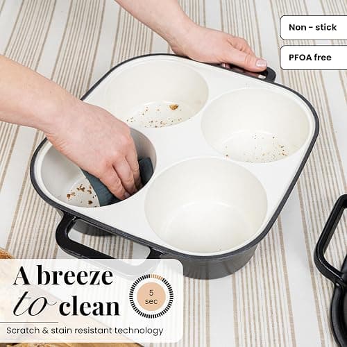 QuadPro Enamelled Cast Iron Bread Loaf Pot – Dutch Oven for Sourdough Bread Baking – 500°F Oven Safe Non Stick Bread Pot – 4 Round Loaf Spaces (4.90-inch Diameter), Black – by Nuovva thumbnail 7