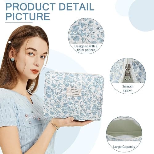 Gosect Floral Makeup Bag, Large Cosmetic Bag for Women Girls, Cute Cotton Make up Pouch, Quilted Makeup Bags, Flower Travel Toiletry Organizer Bag(Blue Floral) thumbnail 4